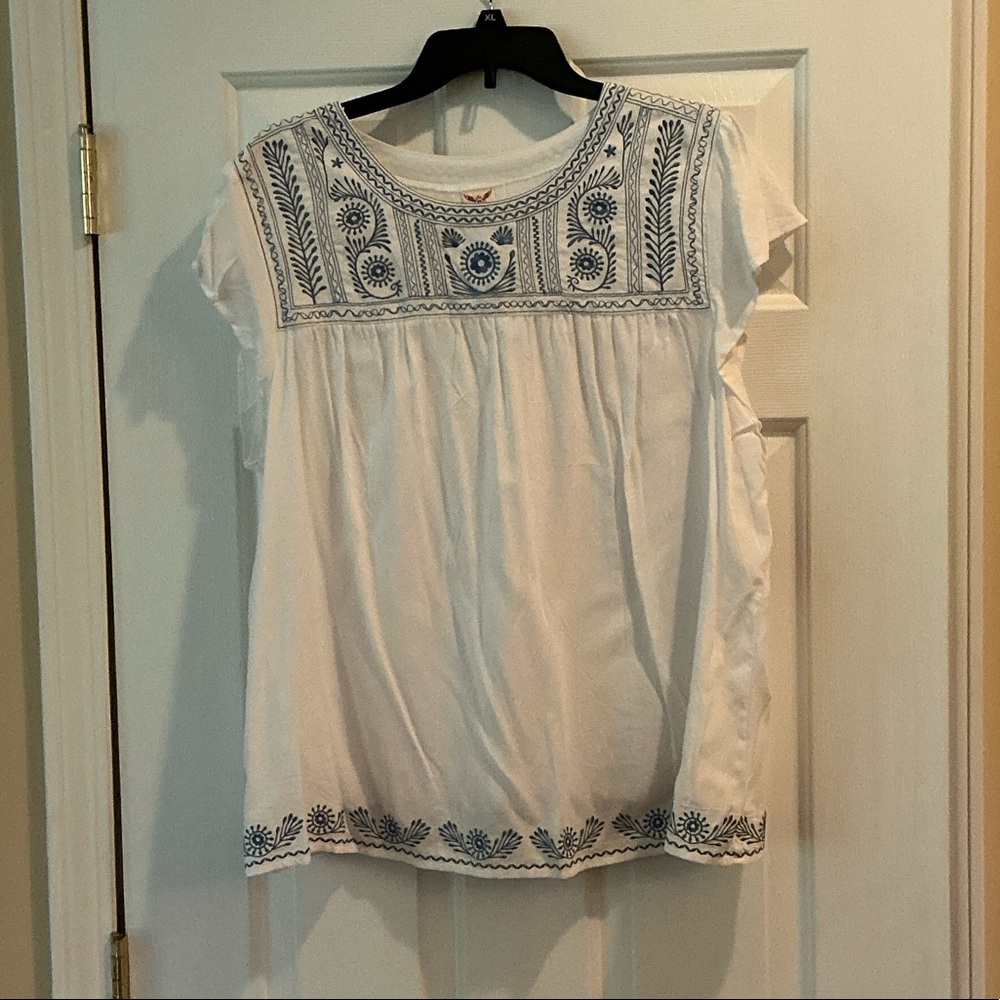 White Embroidered Cotton Peasant Top